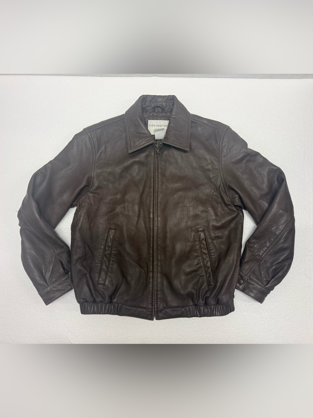 Covington Mens M 38-40 Brown Genuine Leather Bomber Jacket Quilted Lined